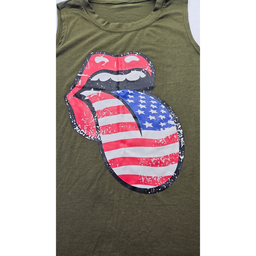 Rolling Stone American Flag Tongue Graphic Tank Top Olive Green Muscle Tee Small - Picture 2 of 3